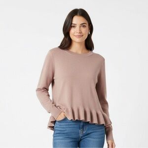 Poof! Round Ruffle Hem Sweater Ribbed Knit Dusty Rose Crewneck size Large